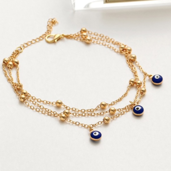 Turkish Eyes Hand Painted Triple Gold Anklet - Picture 7 of 7